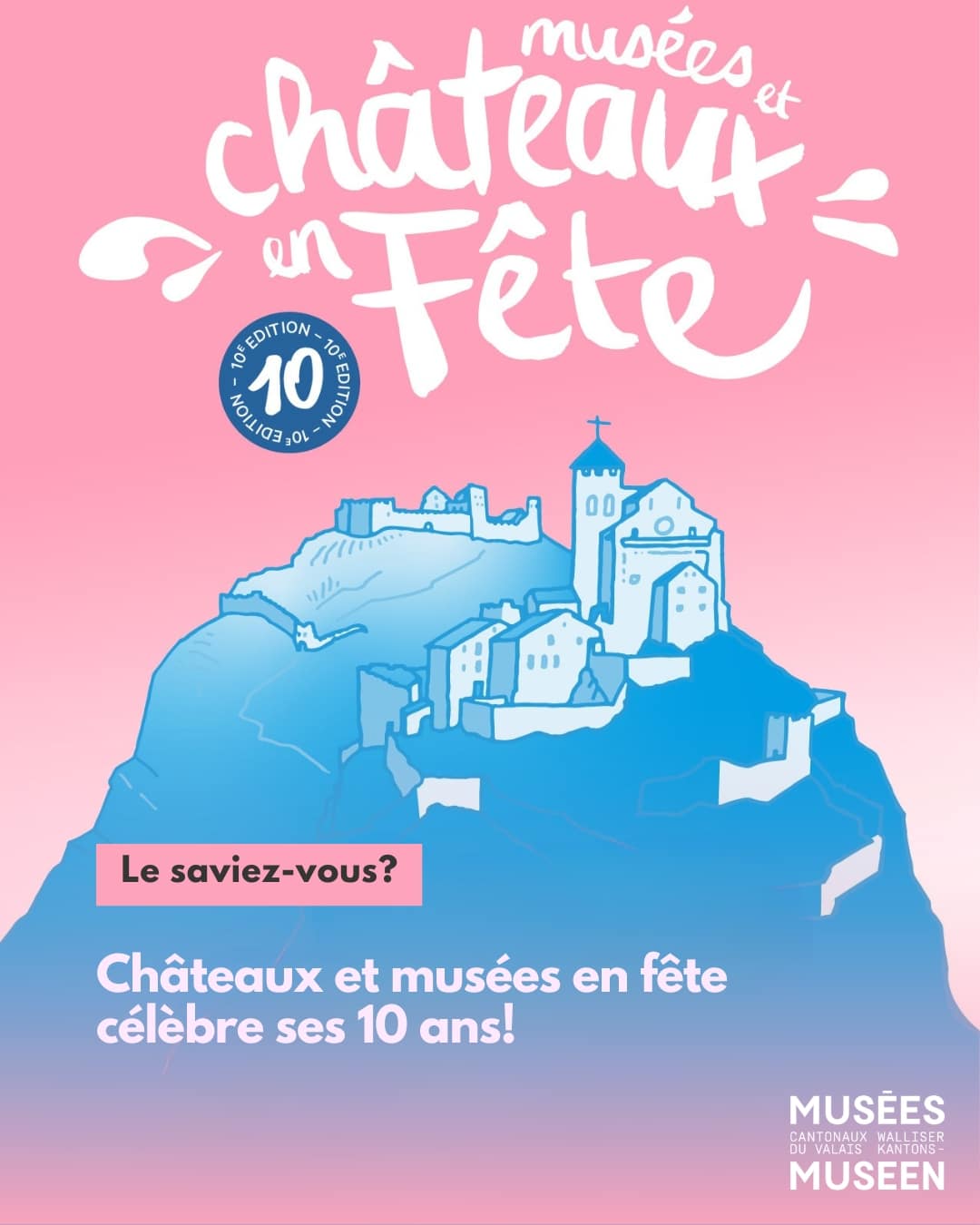 L'événement incontournable des collines de Sion revient cette année dimanche prochain le 18 mai 2025! 🎂Rendez-vous dès 16h00 sur la Place de la Majorie, pour assister au concert de Snake Doctor et célébrer avec nous cette 10ème édition autour d’un goûter d’anniversaire !🥳 Une journée festive, totalement gratuite, où les partenaires des collines vous accueillent avec un programme toujours plus foisonnant! Organisée par le chapitre de la Cathédrale · les Musées cantonaux du Valais · les Amis de Valère · l'office du Tourisme de Sion · Le festival International de l’Orgue de Valère · le service immobilier et patrimoine et Fondation du Château de Tourbillon, il y en a pour tous les goûts et pour tous les âges. Faites votre programme sur : https://www.chateauxenfete.ch @visitsion @orguevalere Amis de valère @orguevalere@orguevalere @Service immobilier et patrimoine / Etat du Valais @Fondation de Tourbillon #museescantonauxduvalais #museedartduvalais #museedelanatureduvalais #museedhistoireduvalais